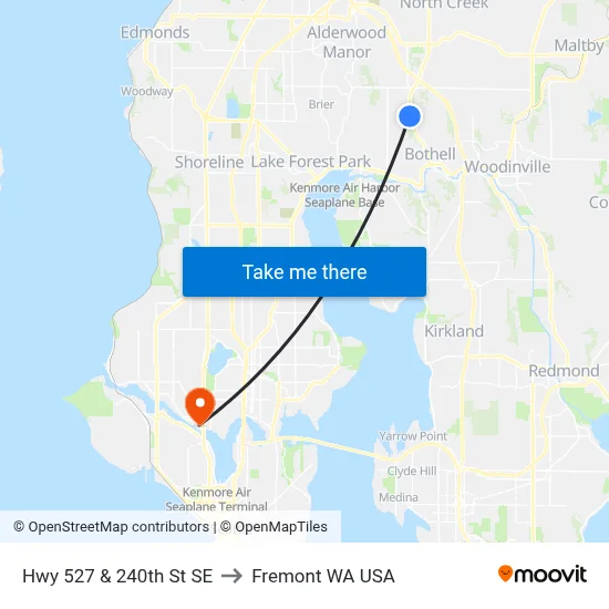 Hwy 527 & 240th St SE to Fremont WA USA map