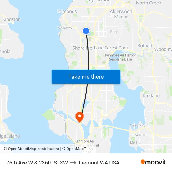 76th Ave W & 236th St SW to Fremont WA USA map