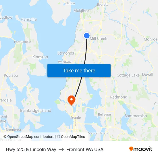 Hwy 525 & Lincoln Way to Fremont WA USA map