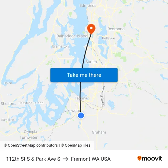 112th St S & Park Ave S to Fremont WA USA map