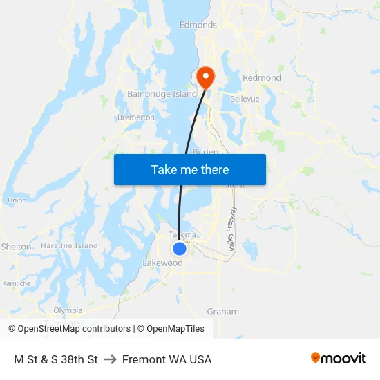 M St & S 38th St to Fremont WA USA map