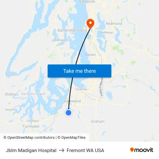 Jblm Madigan Hospital to Fremont WA USA map