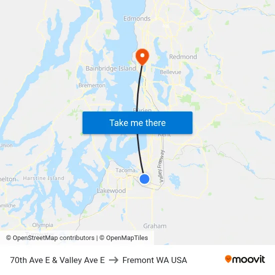 70th Ave E & Valley Ave E to Fremont WA USA map