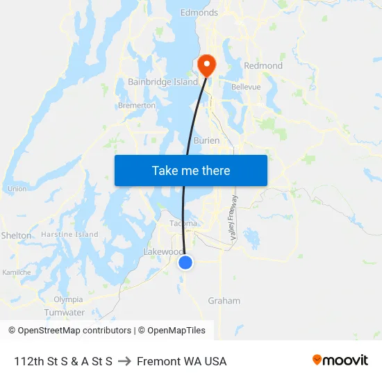 112th St S & A St  S to Fremont WA USA map
