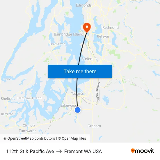 112th St & Pacific Ave to Fremont WA USA map