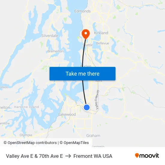 Valley Ave E & 70th Ave E to Fremont WA USA map
