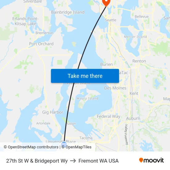 27th St W & Bridgeport Wy to Fremont WA USA map
