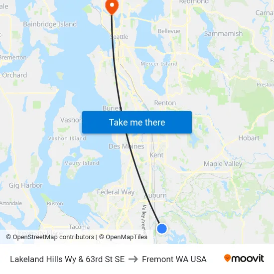 Lakeland Hills Wy & 63rd St SE to Fremont WA USA map