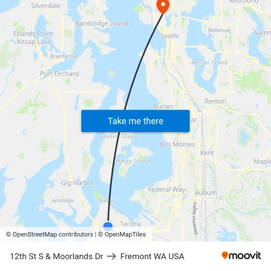 12th St S & Moorlands Dr to Fremont WA USA map