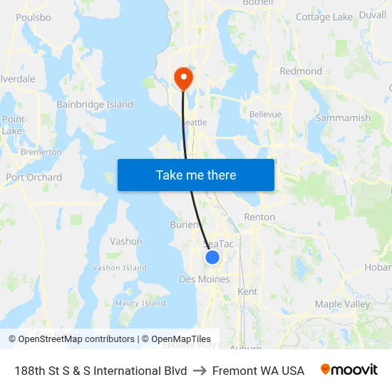 188th St S & S International Blvd to Fremont WA USA map