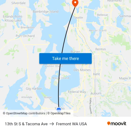 13th St S & Tacoma Ave to Fremont WA USA map