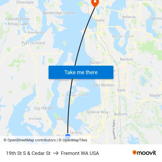 19th St S & Cedar St to Fremont WA USA map