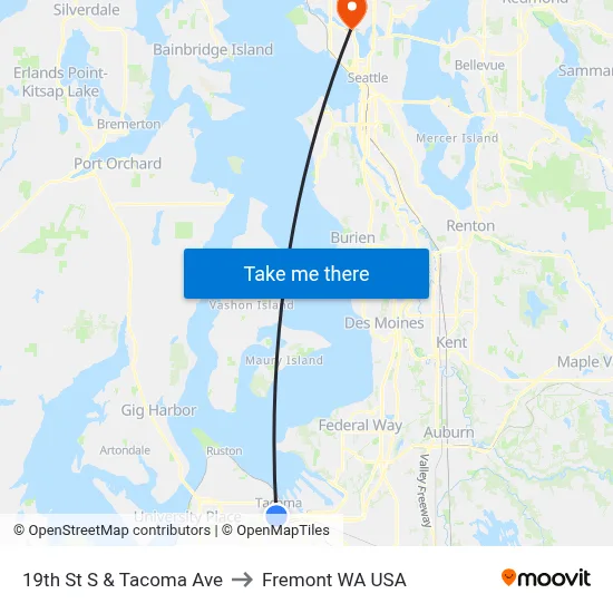 19th St S & Tacoma Ave to Fremont WA USA map