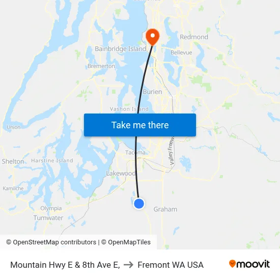 Mountain Hwy E & 8th Ave E, to Fremont WA USA map