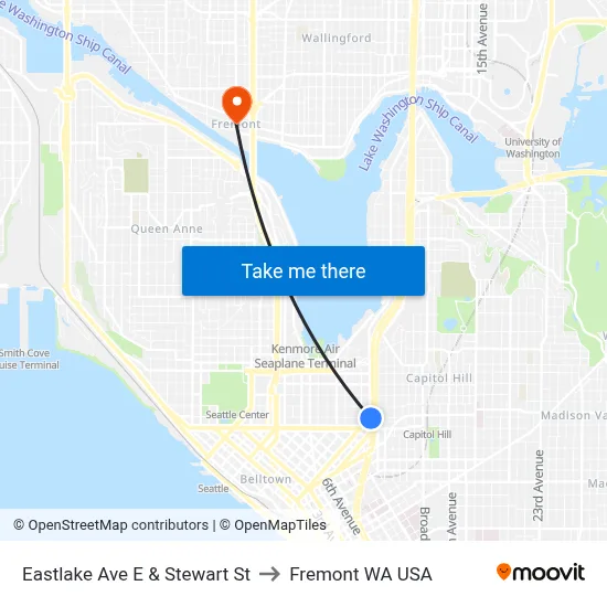 Eastlake Ave E & Stewart St to Fremont WA USA map
