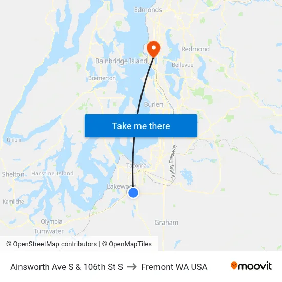 Ainsworth Ave S & 106th St S to Fremont WA USA map