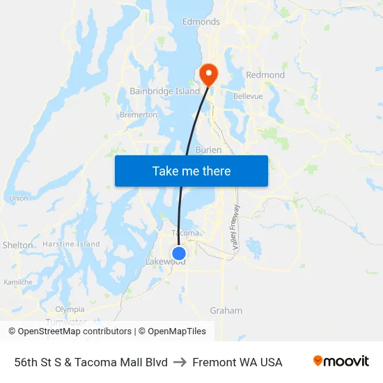 56th St S & Tacoma Mall Blvd to Fremont WA USA map