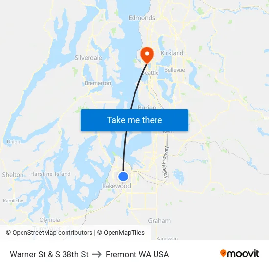 Warner St & S 38th St to Fremont WA USA map