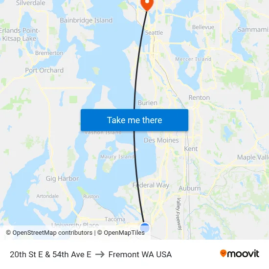 20th St E & 54th Ave E to Fremont WA USA map