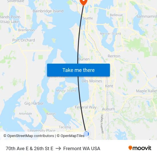 70th Ave E & 26th St E to Fremont WA USA map