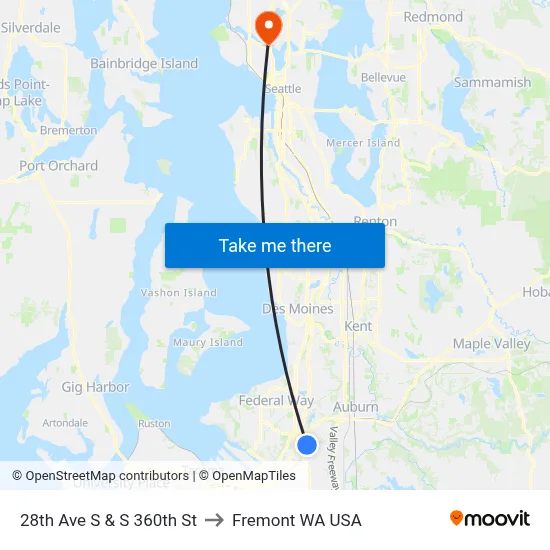 28th Ave S & S 360th St to Fremont WA USA map
