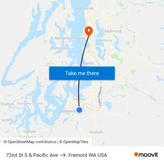72nd St S & Pacific Ave to Fremont WA USA map