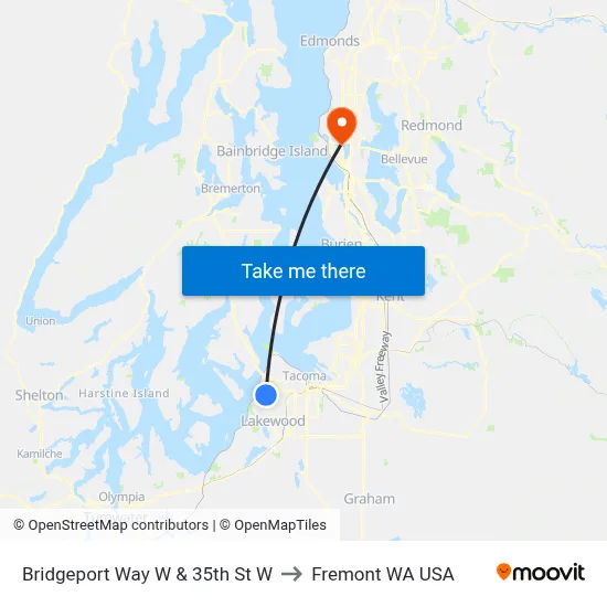 Bridgeport Way W & 35th St W to Fremont WA USA map