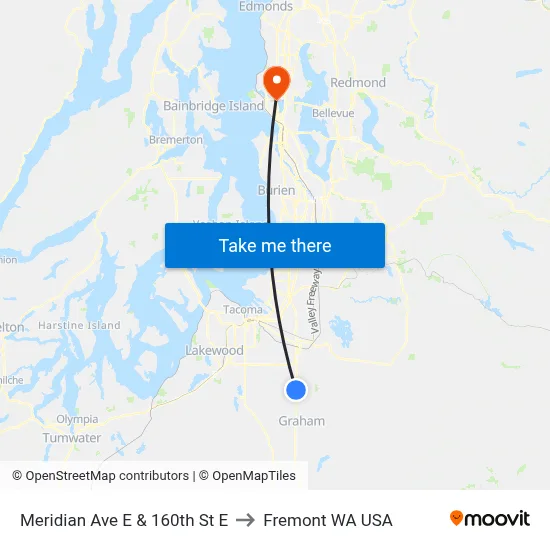 Meridian Ave E & 160th St E to Fremont WA USA map