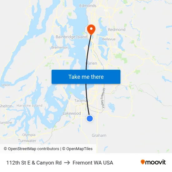 112th St E & Canyon Rd to Fremont WA USA map