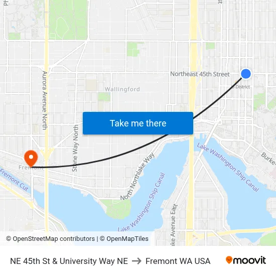 NE 45th St & University Way NE to Fremont WA USA map
