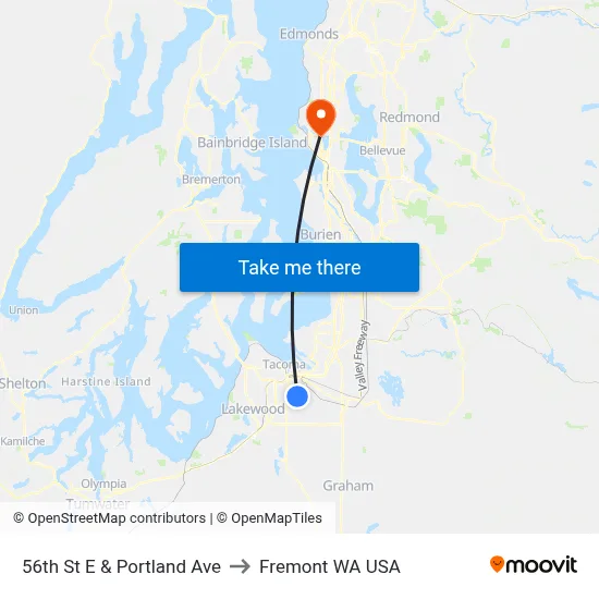 56th St E & Portland Ave to Fremont WA USA map