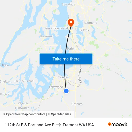 112th St E & Portland Ave E to Fremont WA USA map