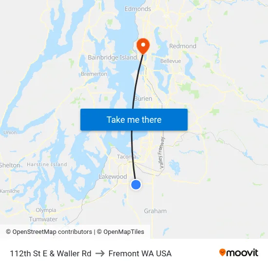 112th St E & Waller Rd to Fremont WA USA map