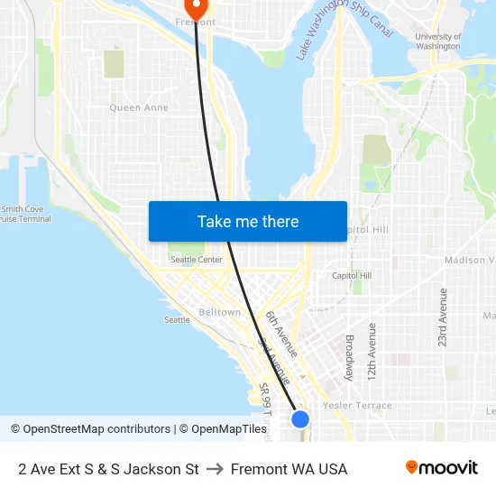 2 Ave Ext S & S Jackson St to Fremont WA USA map