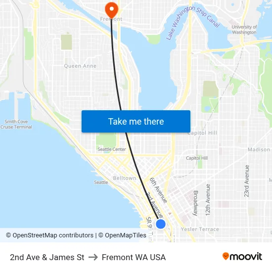 2nd Ave & James St to Fremont WA USA map