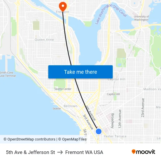 5th Ave & Jefferson St to Fremont WA USA map