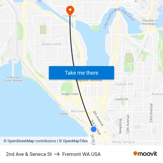 2nd Ave & Seneca St to Fremont WA USA map