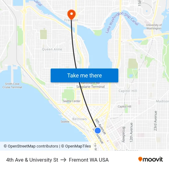 4th Ave & University St to Fremont WA USA map