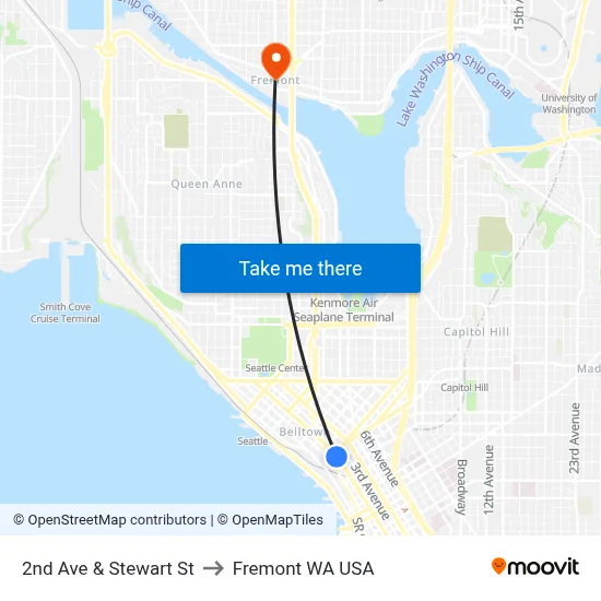 2nd Ave & Stewart St to Fremont WA USA map