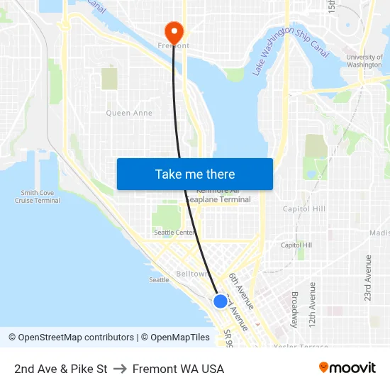2nd Ave & Pike St to Fremont WA USA map
