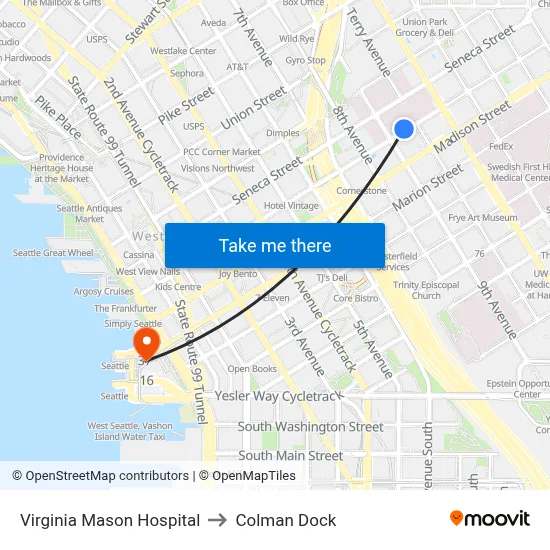 Virginia Mason Hospital to Colman Dock map