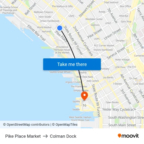 Pike Place Market to Colman Dock map