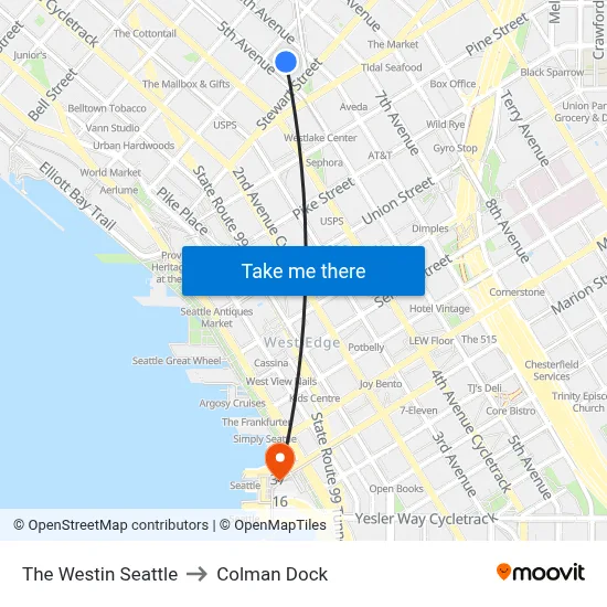 The Westin Seattle to Colman Dock map