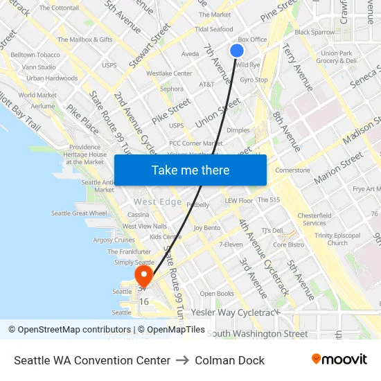 Seattle WA Convention Center to Colman Dock map