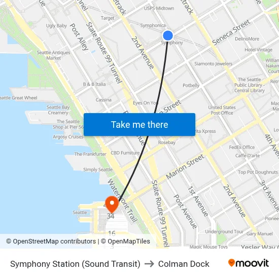 Symphony Station (Sound Transit) to Colman Dock map