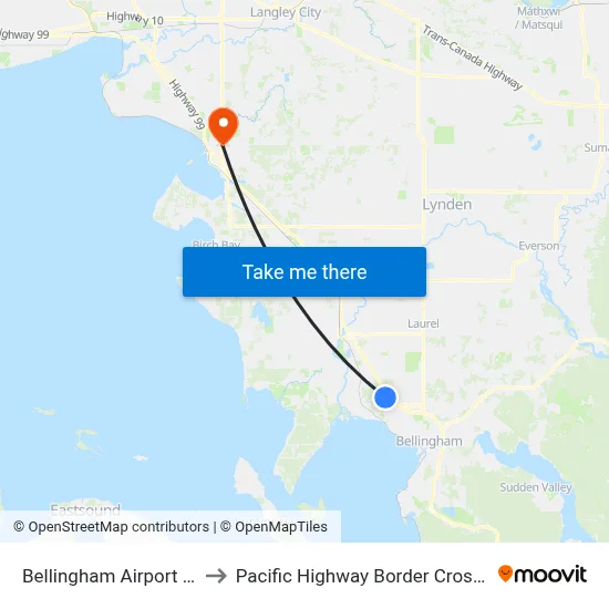 Bellingham Airport BLI to Pacific Highway Border Crossing map