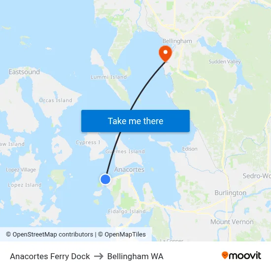 Anacortes Ferry Dock to Bellingham WA map