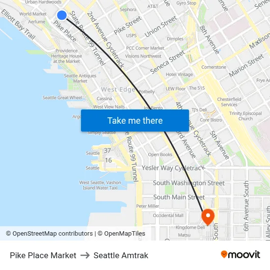 Pike Place Market to Seattle Amtrak map