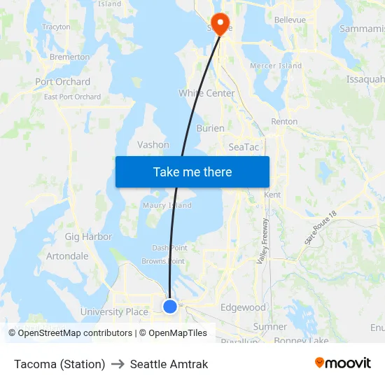 Tacoma (Station) to Seattle Amtrak map