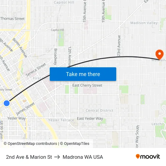 2nd Ave & Marion St to Madrona WA USA map